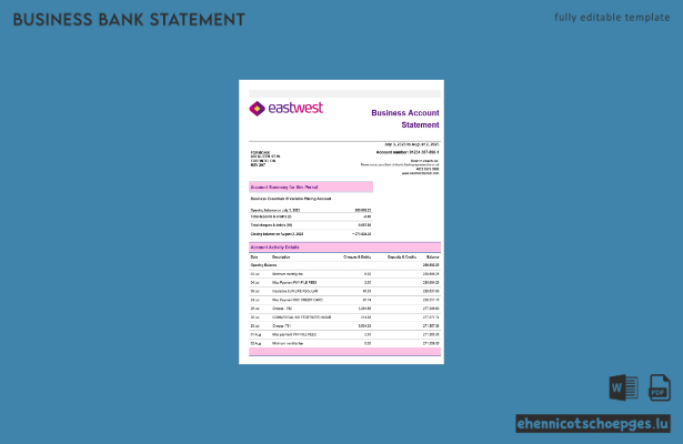 Beispielansicht eines Kontoauszugs der Firma EastWest im Word- und PDF-Format